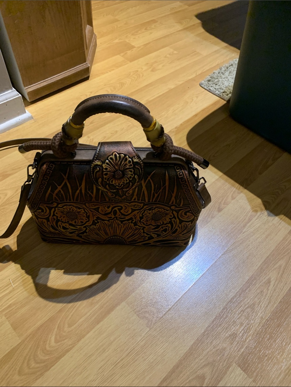 Hand-Tooled Floral Leather Satchel Bag - Brown